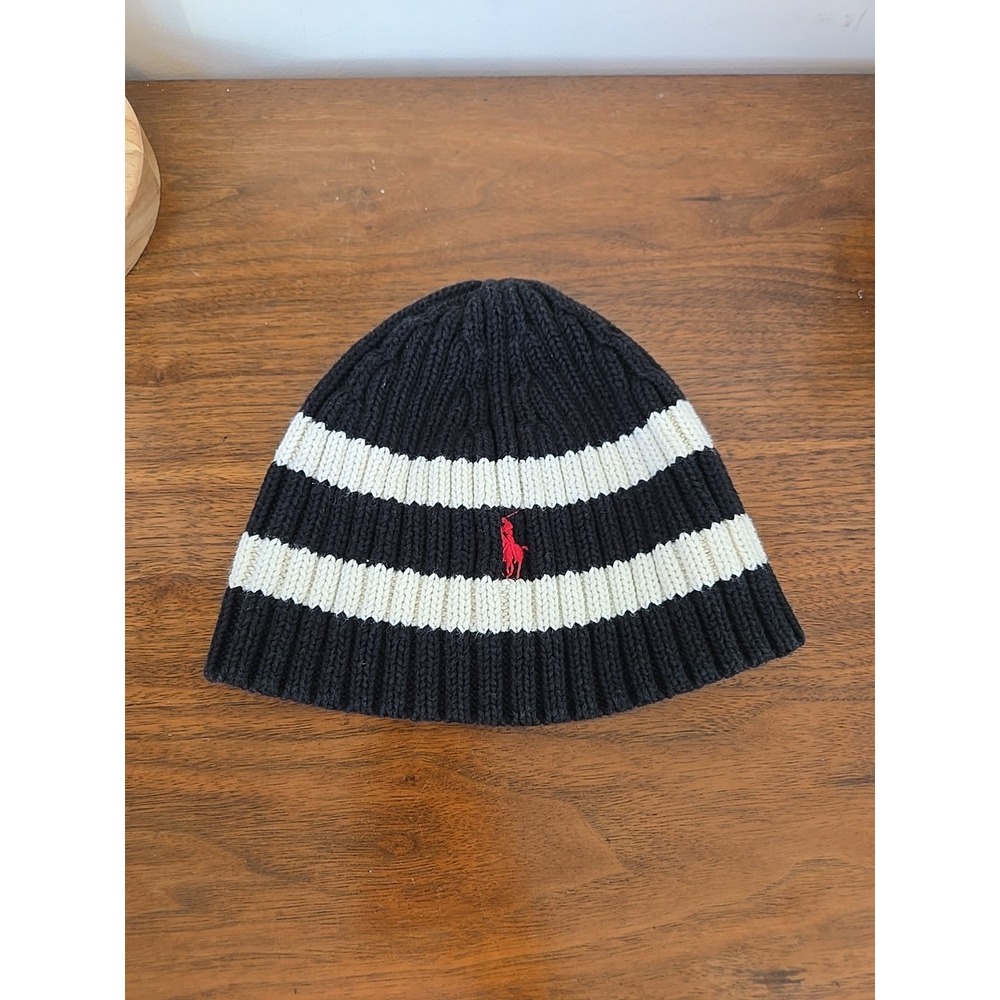 Polo Ralph Lauren Vintage Youth Blue Striped Beanie Knit Hat 4-7 Navy Red Pony